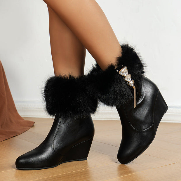 Women Drill Buckle Plush Decoration Warm Wedge Mid-calf Boots