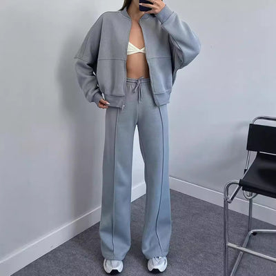 Spring Fashion Solid Color Zipper Cardigan Straight-leg Pants Women.