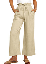 Elastic Waistband Lace-up Wide Leg Pants Solid Color Cropped Pants