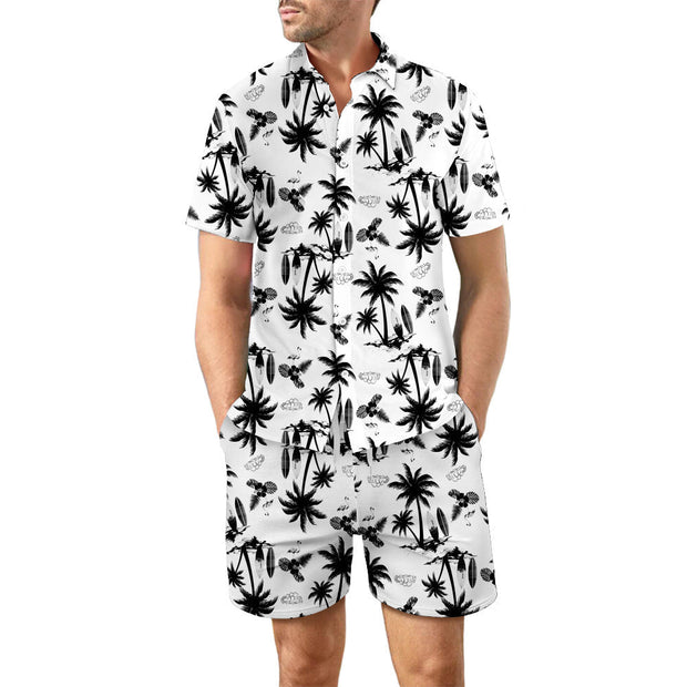 2Pcs Printed Beach Shirt Summer Suit Loose Lapel Button Top