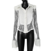 White Lace Stitching Transparent Shirt.