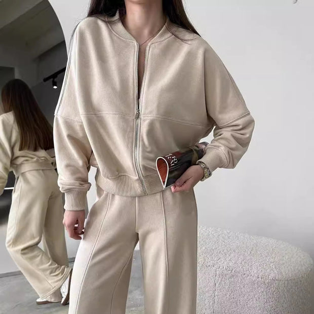 Spring Fashion Solid Color Zipper Cardigan Straight-leg Pants Women