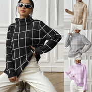 Women Pullover Color-contrast Check Turtleneck Sweater