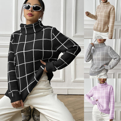 Women's Pullover Color-contrast Check Turtleneck Sweater