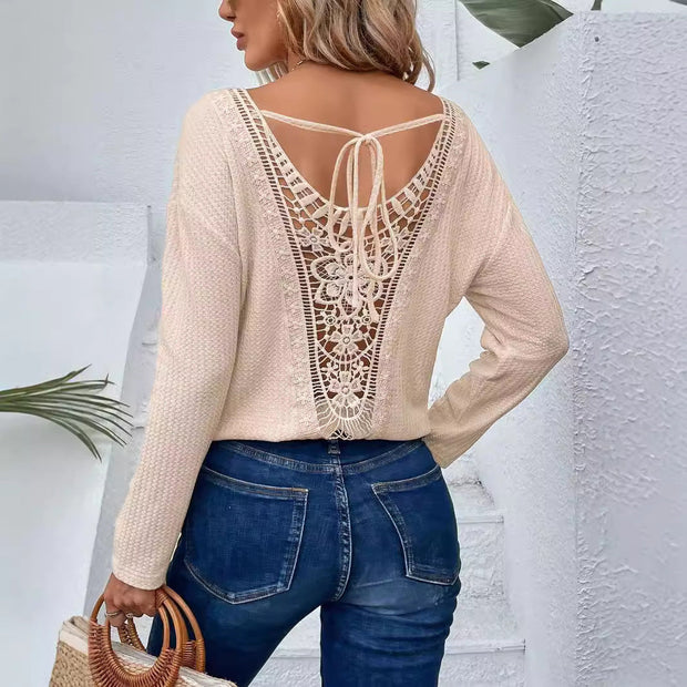 Neck Stitching Fashion Lace Back Tie Bow Long Sleeve