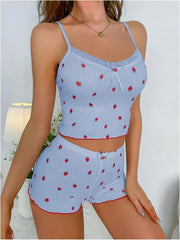 Printed Big Pit Strip Home Ladies Bow Suspender Shorts Strawberry.