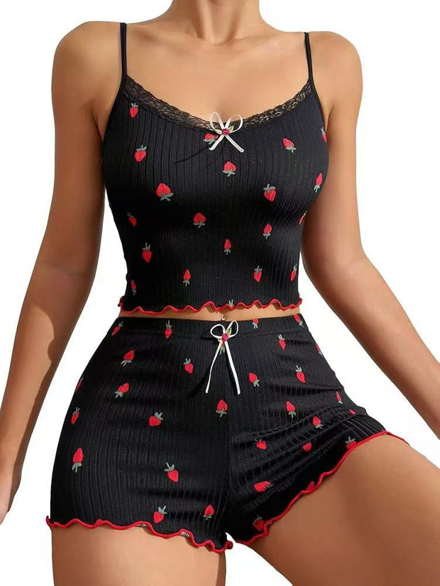 Printed Big Pit Strip Home Ladies Bow Suspender Shorts Strawberry.