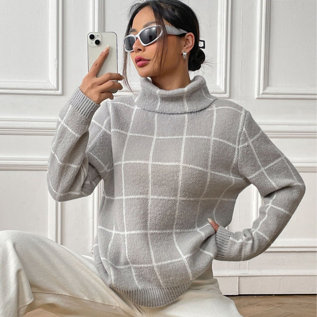 Women Pullover Color-contrast Check Turtleneck Sweater