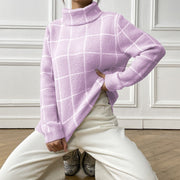 Women Pullover Color-contrast Check Turtleneck Sweater