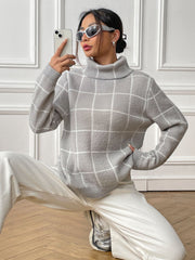 Women Pullover Color-contrast Check Turtleneck Sweater