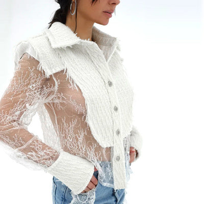 White Lace Stitching Transparent Shirt.