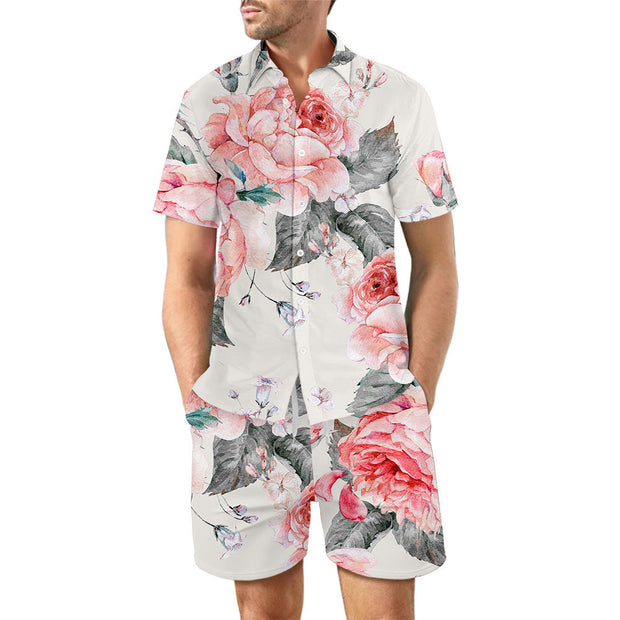 2Pcs Printed Beach Shirt Summer Suit Loose Lapel Button Top