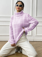 Women Pullover Color-contrast Check Turtleneck Sweater