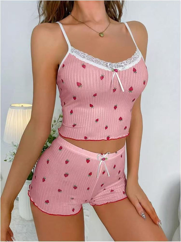 Printed Big Pit Strip Home Ladies Bow Suspender Shorts Strawberry.