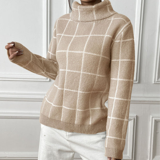 Women Pullover Color-contrast Check Turtleneck Sweater