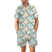 2Pcs Printed Beach Shirt Summer Suit Loose Lapel Button Top