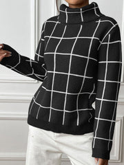 Women Pullover Color-contrast Check Turtleneck Sweater