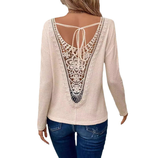 Neck Stitching Fashion Lace Back Tie Bow Long Sleeve