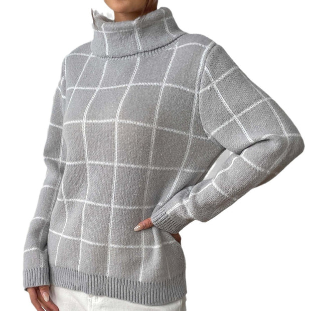 Women Pullover Color-contrast Check Turtleneck Sweater