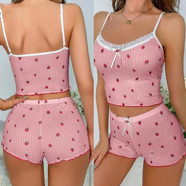 Printed Big Pit Strip Home Ladies Bow Suspender Shorts Strawberry.